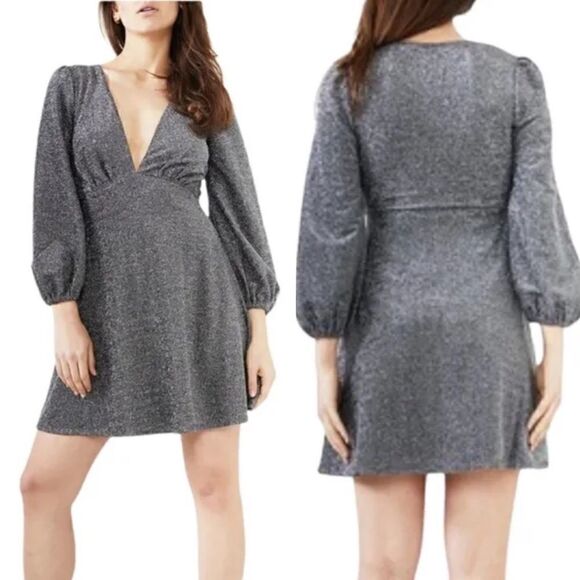 Bardot Marlena Silver Metallic Shimmer Long Balloon Sleeve Short Dress size 6 - Picture 1 of 12